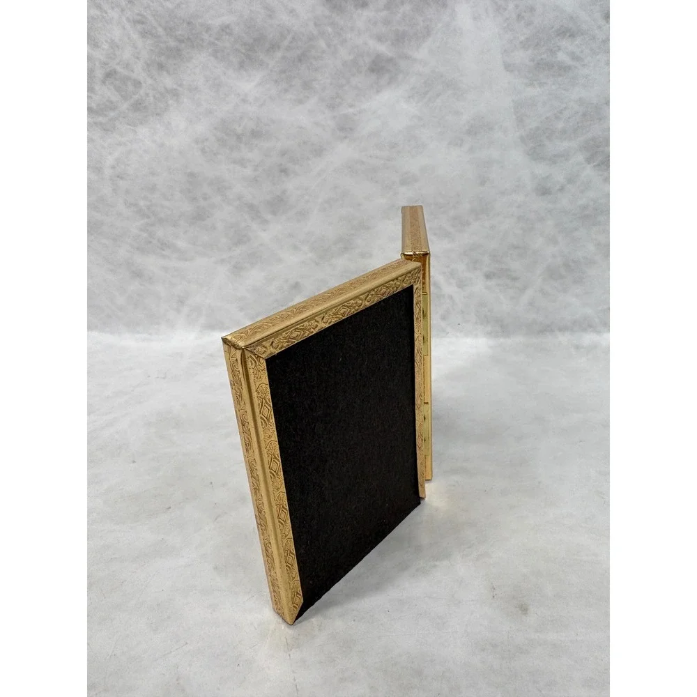 Vintage Gold Metal Double Folding Picture Frame Ornate Filigree Glass 2.5x3.5
